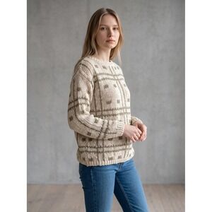Lauren Hansen Hand Loomed Linen Cotton Knit Sweater Cream Tan Grid Size M